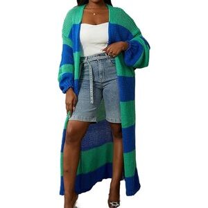 Blue and Green Striped Long Cardigan